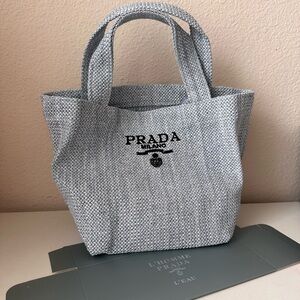 Prada Milano Woven Raffia Style Mini Tote / Beauty Line logo bag.  GWP
